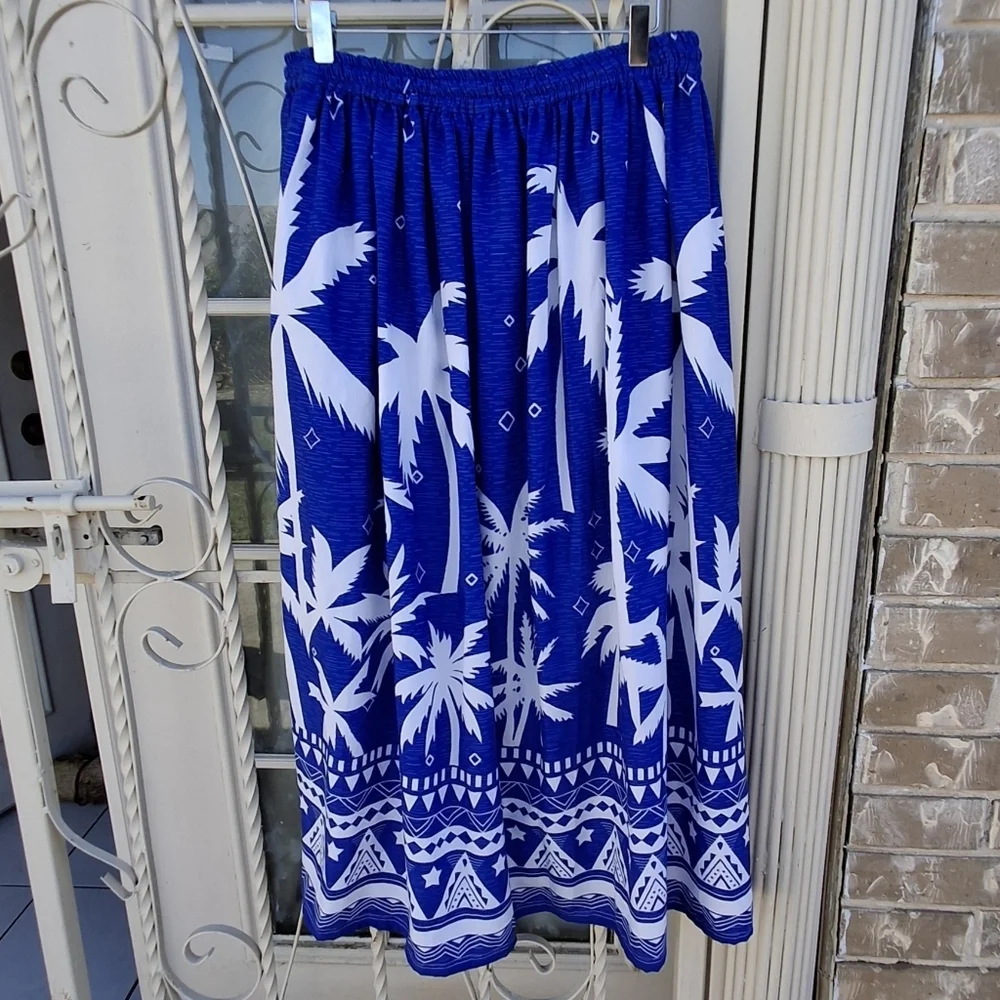 Gypsy Blu Palm Tree Print Blue White Drawstring Midi Maxi Skirt Women Size Large - Picture 5 of 16